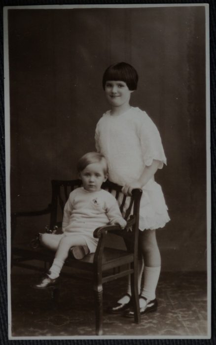 Studio Portrait Girl Behind Child On Chair Real Photo