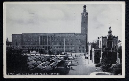 Norwich Postcard City Hall Market Place 1958