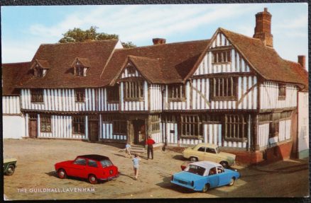 Lavenham  Postcard Guildhall Suffolk Classic cars Austin A40 Ford Consul Classic Prefect