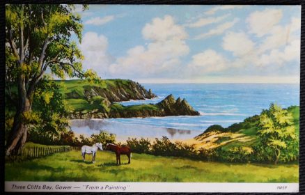 Gower Postcard Wales Three Cliffs Bay From A Painting