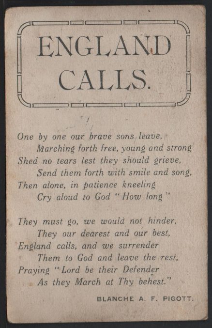 England Calls Blanche Pigott Postcard