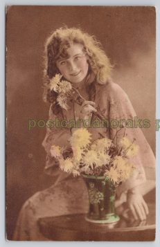 Portrait Girl With Flowers 1919 Postcard